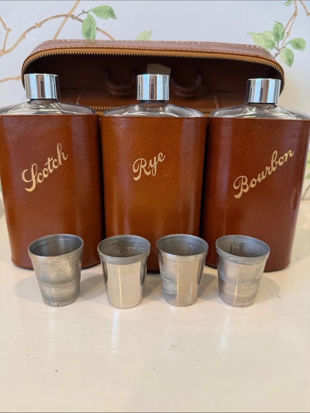 Vintage Leather Travel Bar Flask Case by Tommy Traveler